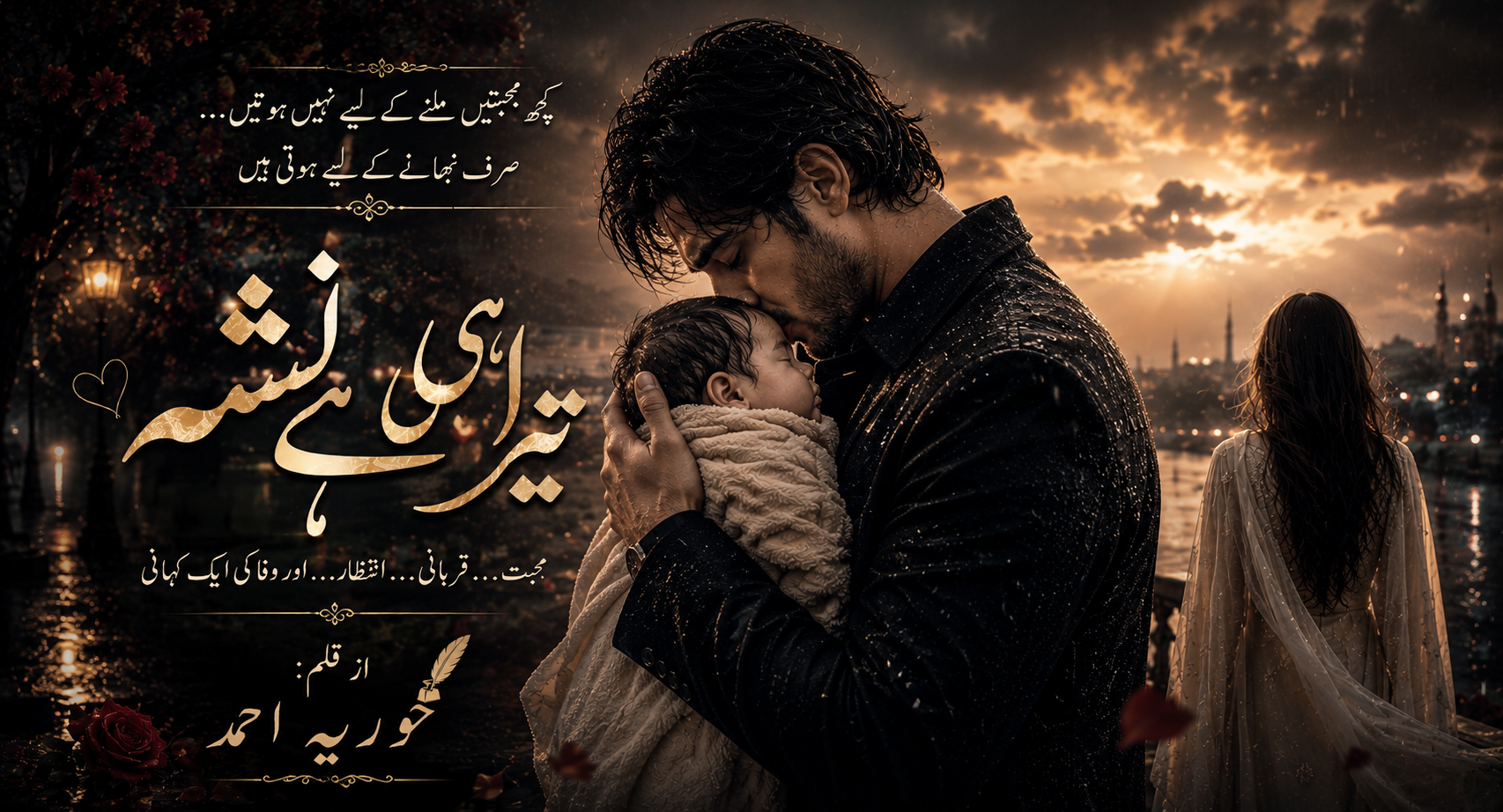 Man and woman embrace a baby at sunset by a river, with golden Urdu calligraphy overlay.